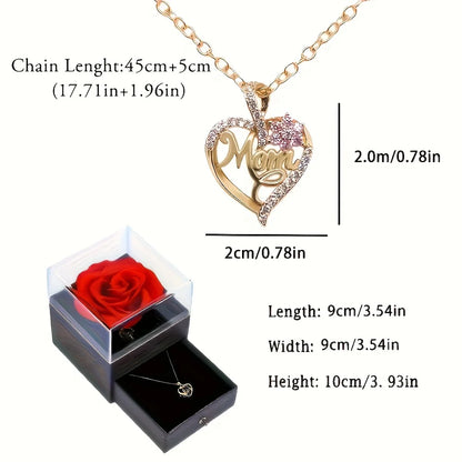 Mom Heart Pendant Necklace With Rose Gift Box